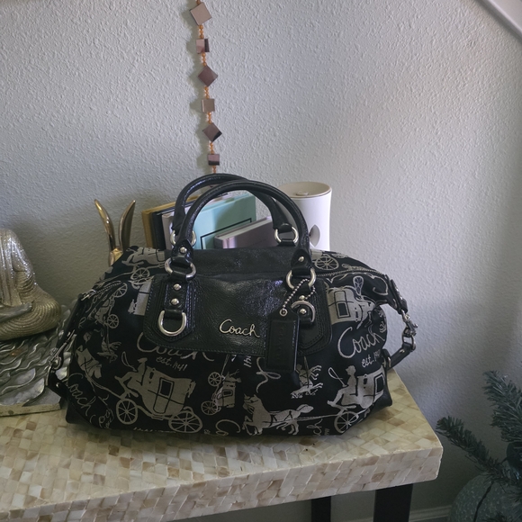 Coach Handbags - COACH F15653 ASHLEY CARRIAGE Black and White Leather Satchel Bag